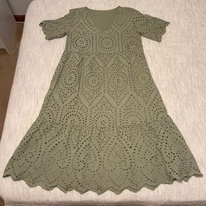Green Midi V-Neck Eyelet Dress
